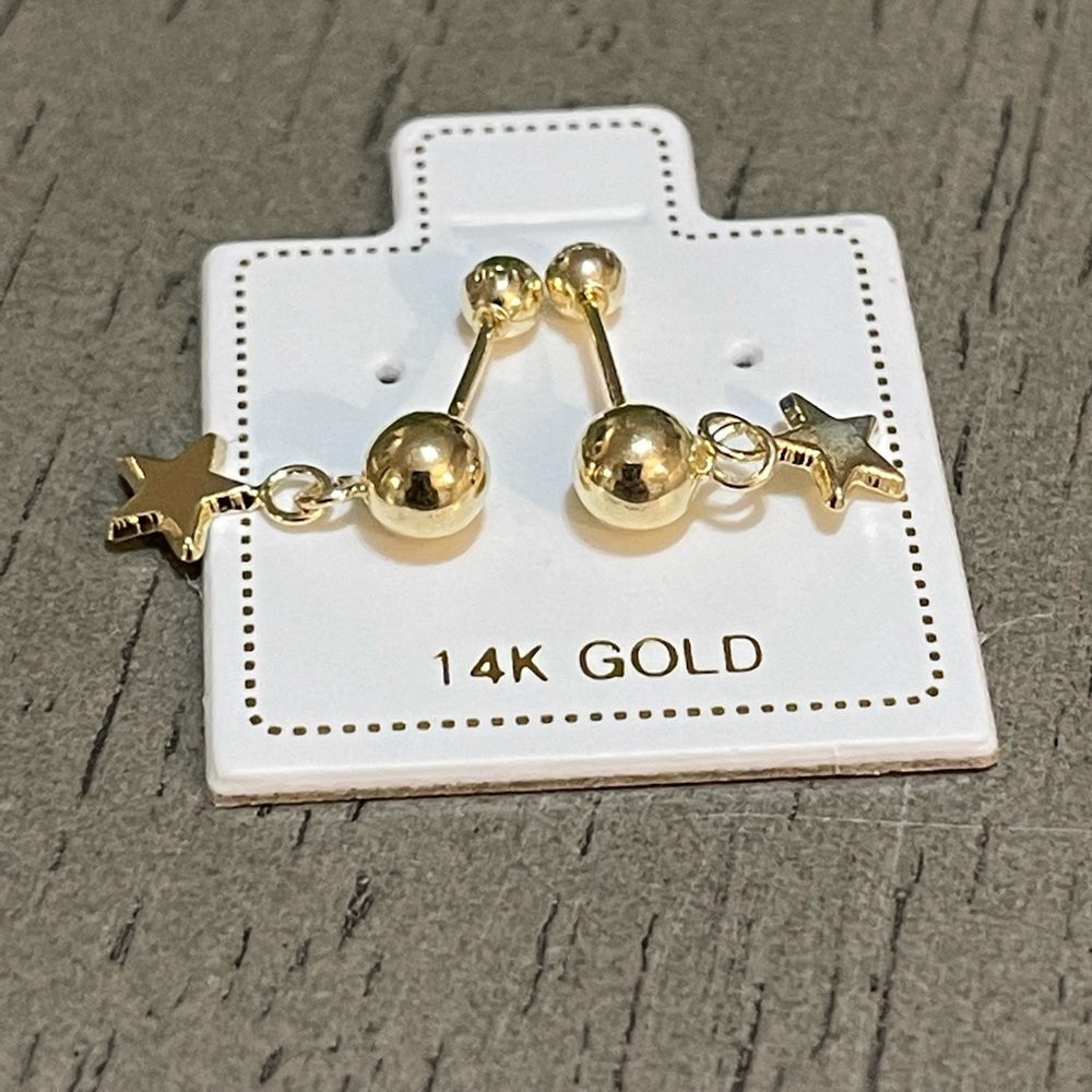 Solid Gold 14 Karat Yellow 3mm Ball Dangling Star